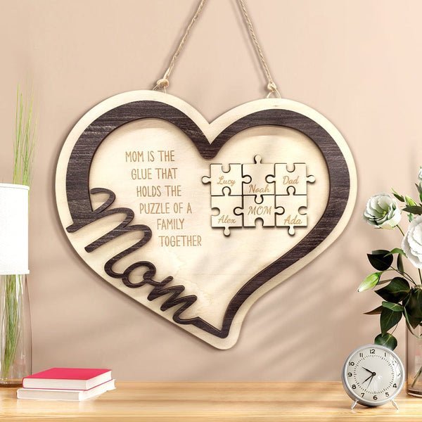 Mother's Day Plaque Personalized Wooden Heart Puzzle Sign You Are The Piece Holds Us Together - Oneonlycustom